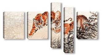 Модульная картина Тигры в кустах