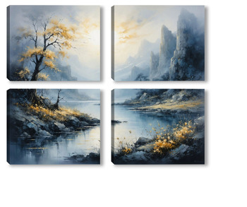 Модульная картина Умиротворение. Туманные скалы и золотое дерево у воды