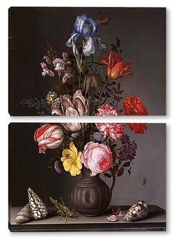 Модульная картина Цветы в Вазе  с раковинами  и насекомыми