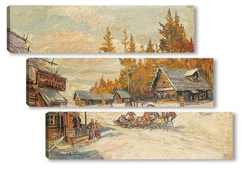 Модульная картина Зимняя сцена с тройкой, зимой катание на санях