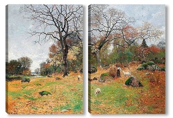  Осенний пейзаж с девушкой пастбища и скот