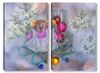 Модульная картина Новогодняя композиция с крыской Лариской и елочками игрушками на фоне заснеженного леса