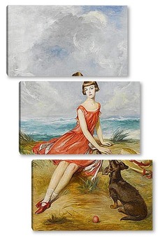 Модульная картина Портрет молодой девушки с ее собакой на берегу моря