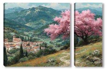  Цветущий миндаль над горной деревней