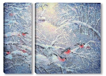 Модульная картина снегири в лесу