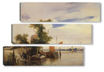 Модульная картина Баржи на реке