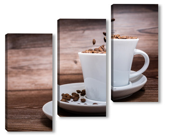  Black coffee foil packaging bag on wooden table top view. Spilled beans flat lay concept. Room for text.