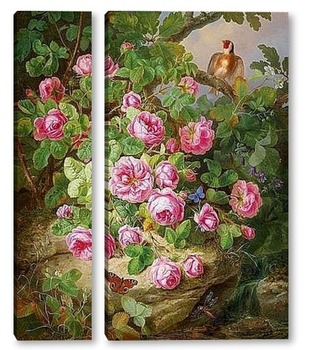 Модульная картина Большие розы.Натюрморт с бабочками и птицами