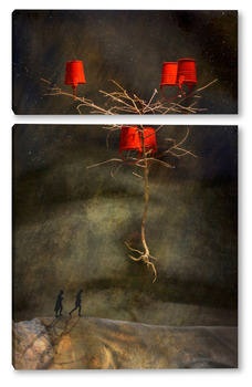 Модульная картина Дерево с красными ведрами над дорогой дальней