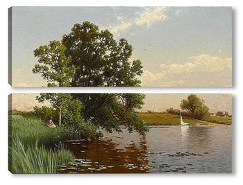 Модульная картина Молодая женщина на берегу озера