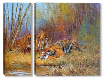 Модульная картина Тигры у водопоя