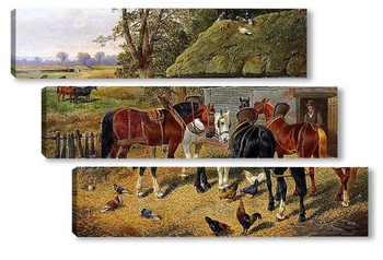 Модульная картина Лошади, куры и птицы, сарай