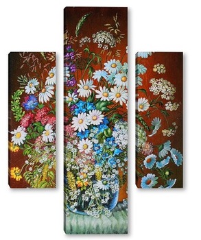 Модульная картина Полевые цветы в вазе из синего стекла.