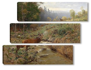 Модульная картина Стадо оленей на лесной поляне