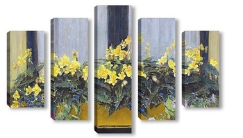 Модульная картина Цветы в оконной коробке: желтые бегонии, незабудки и петунии