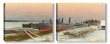Модульная картина Лодки в доке в Зимой, 1885