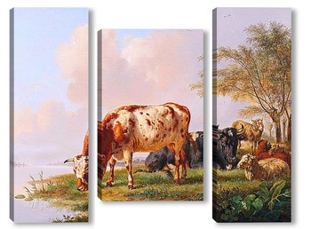 Модульная картина Коровы и овцы на берегу реки