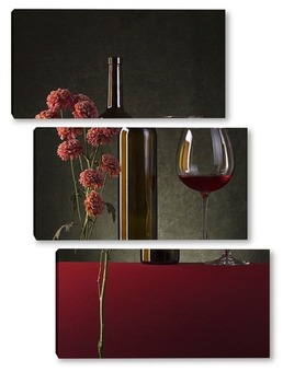 Модульная картина Натюрморт с вином и цветами