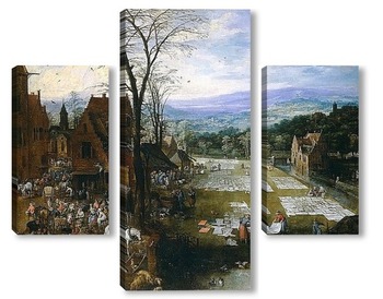 Модульная картина Беление холстов близ рынка во Фландрии