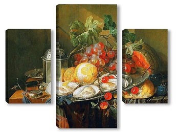 Модульная картина Натюрморт с фруктами, устрицами и карманными часами