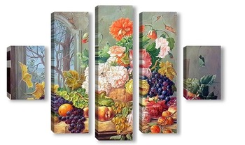 Модульная картина цветы в вазе и фрукты